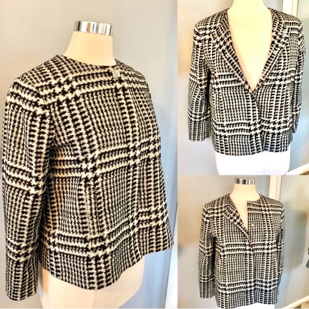 ZARA Swing Blazer Black White Career minimalist modern Collarless Size L